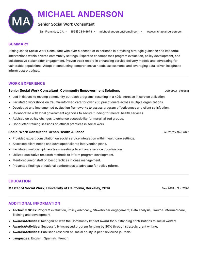 Social Work Consultant resume example