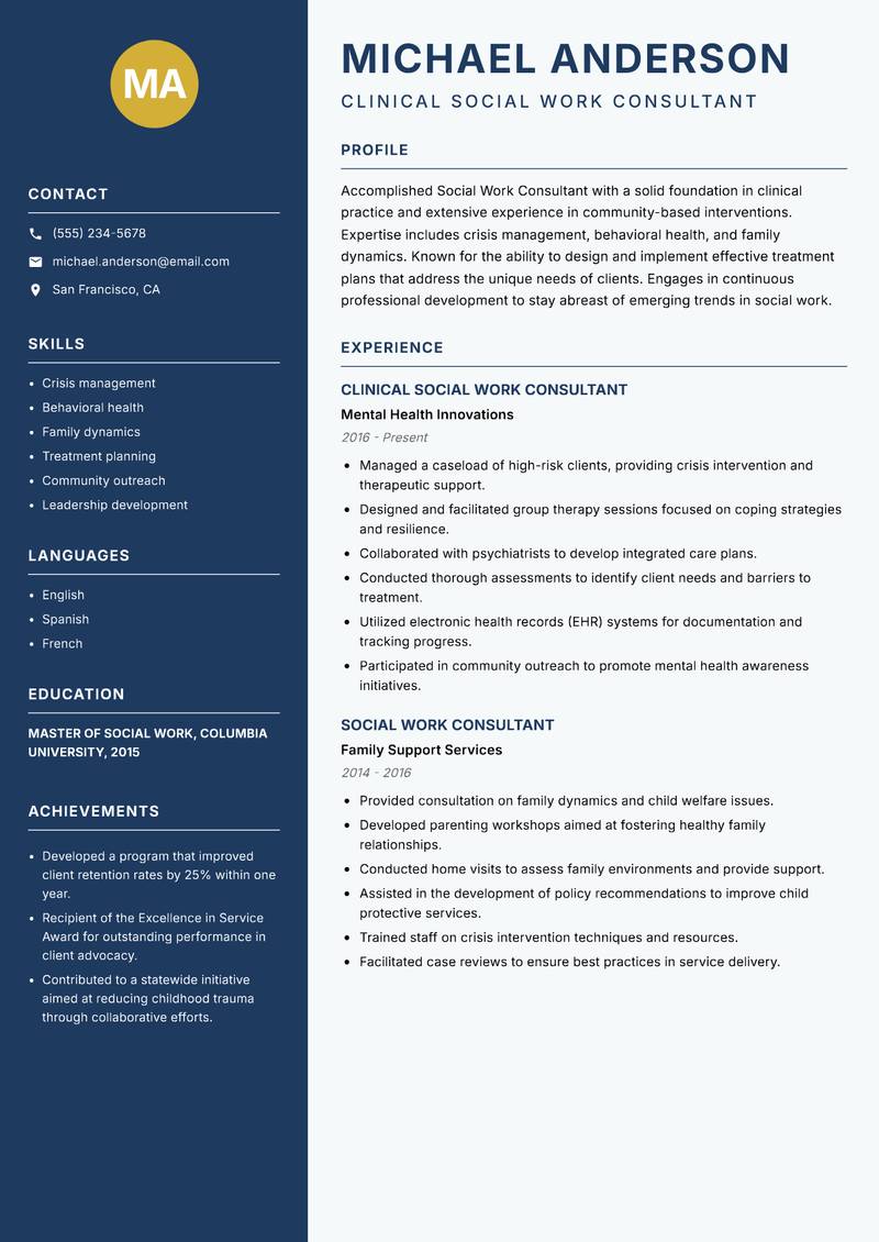 Social Work Consultant resume sample — Clinical Social Work Consultant focus