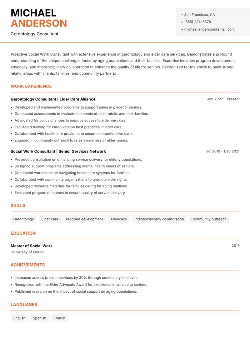 Social Work Consultant resume sample — Gerontology Consultant focus