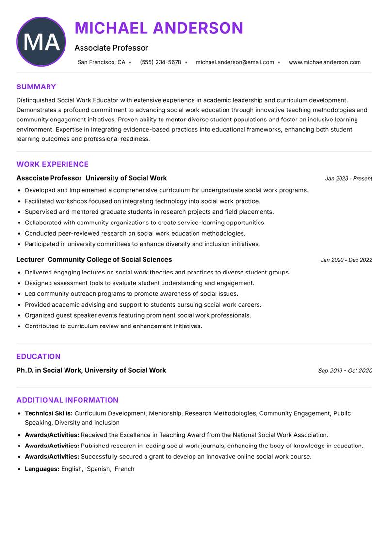 Social Work Educator resume example