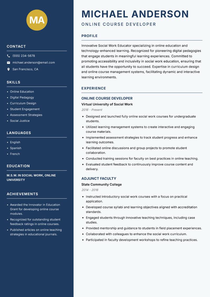 Social Work Educator resume sample — Online Course Developer focus