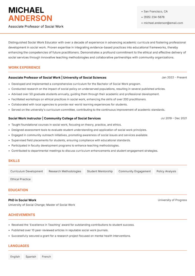 Social Work Educator resume sample — Associate Professor of Social Work focus