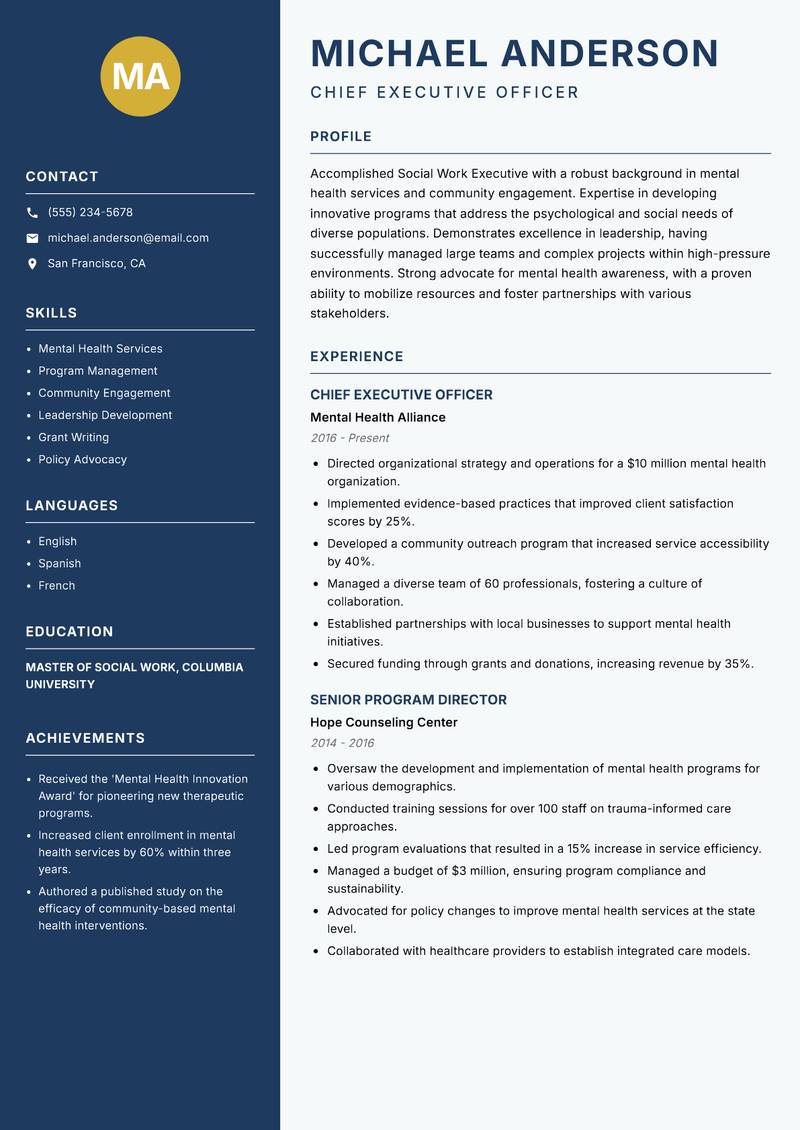 Social Work Executive resume sample — Chief Executive Officer focus