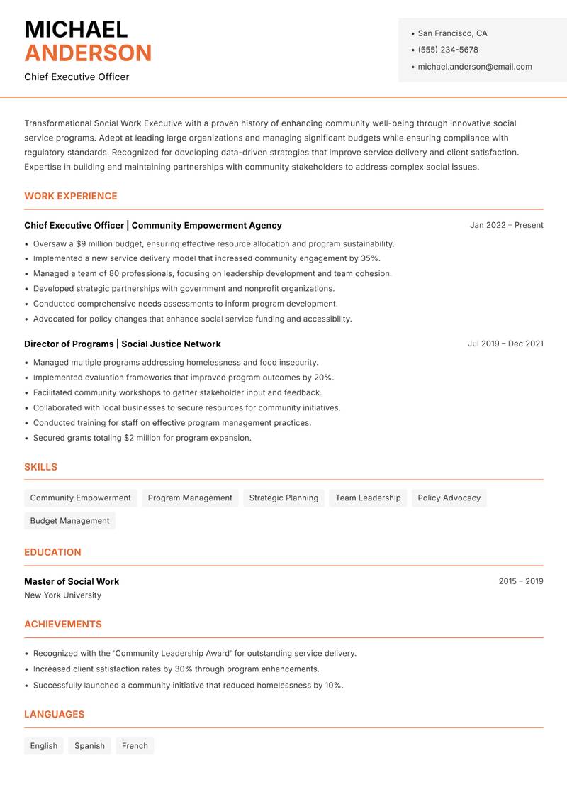 Social Work Executive resume sample — Chief Executive Officer focus