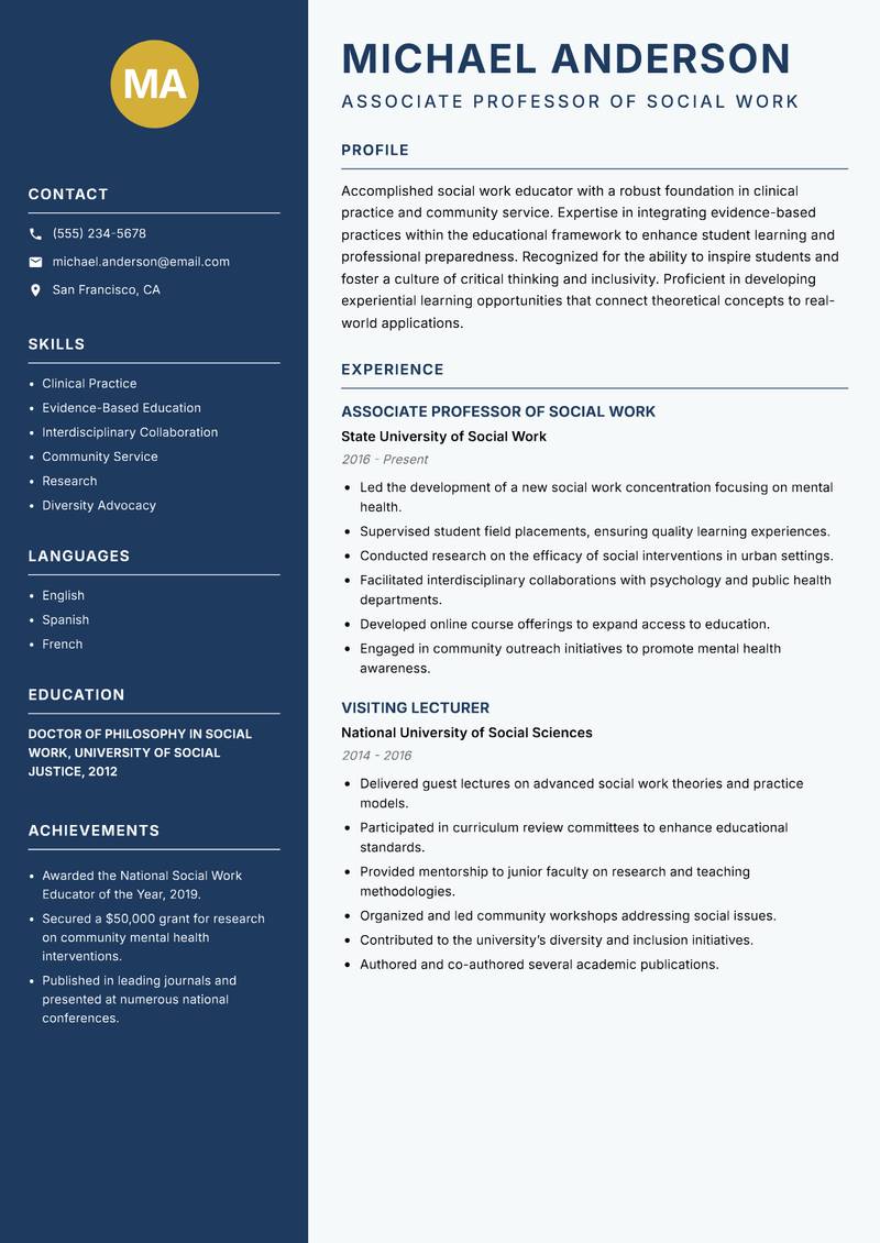 Social Work Instructor resume sample — Associate Professor of Social Work focus