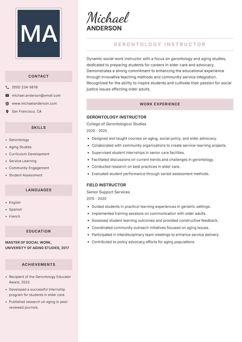 Social Work Instructor resume sample — Gerontology Instructor focus