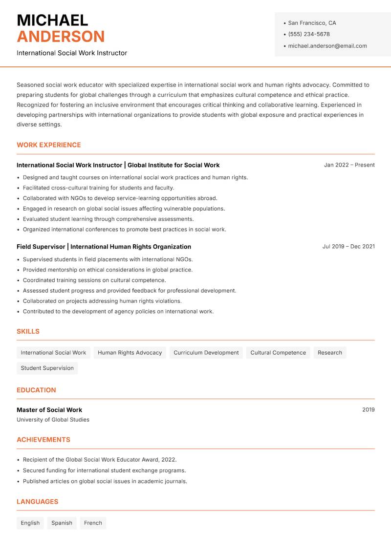 Social Work Instructor resume sample — International Social Work Instructor focus