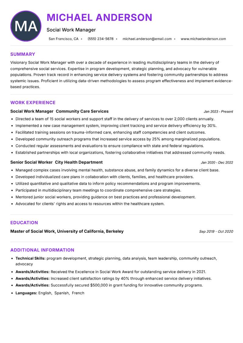 Social Work Manager resume example