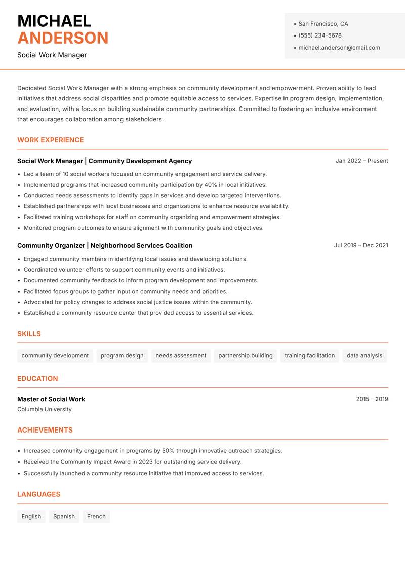 Social Work Manager resume sample — Social Work Manager focus