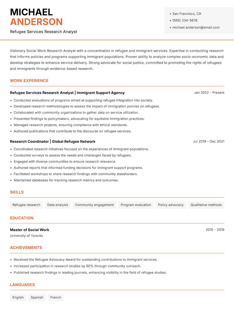 Social Work Research Analyst resume sample — Refugee Services Research Analyst focus