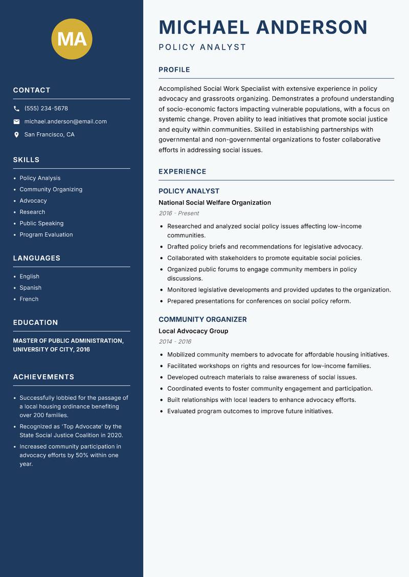 Social Work Specialist resume sample — Policy Analyst focus