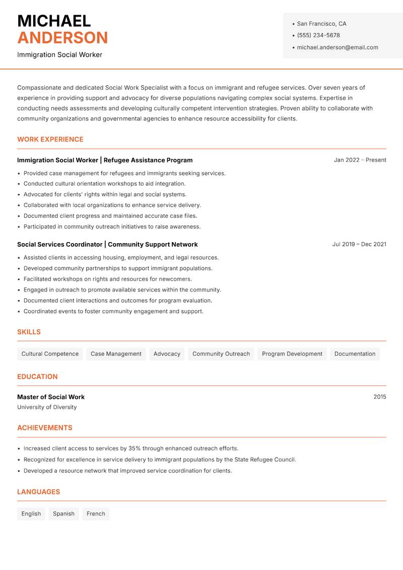 Social Work Specialist resume sample — Immigration Social Worker focus