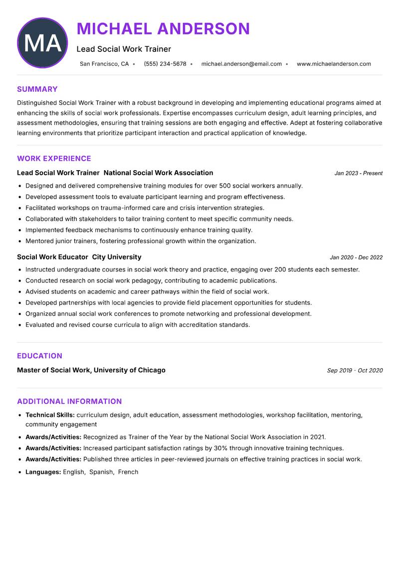 Social Work Trainer resume example