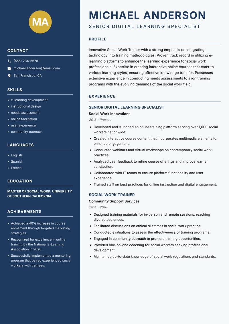Social Work Trainer resume sample — Senior Digital Learning Specialist focus