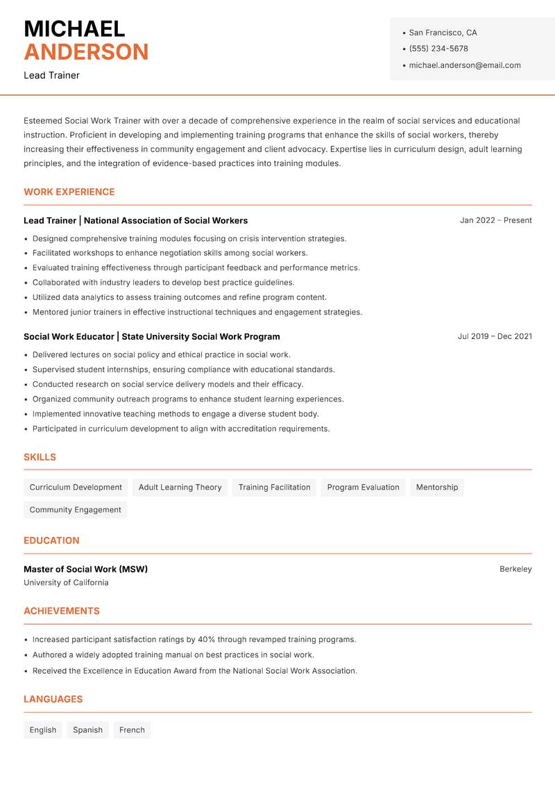 Social Work Trainer resume sample — Lead Trainer focus