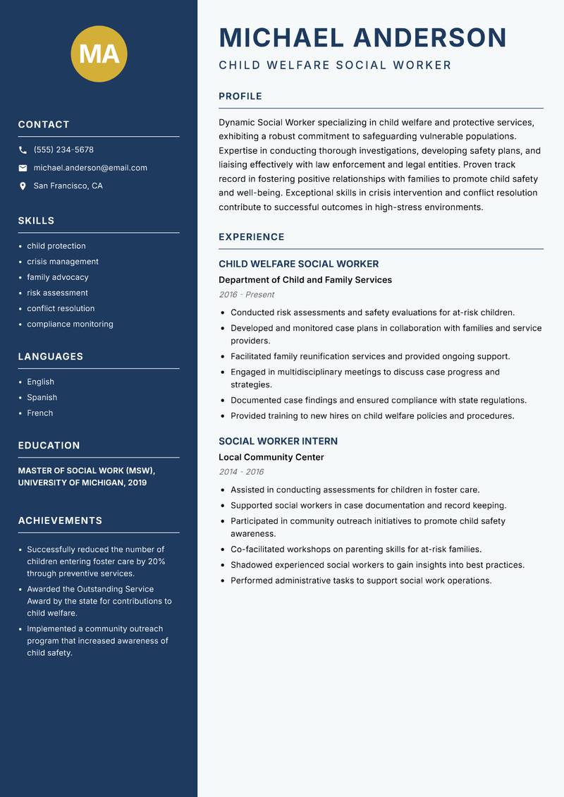 Social Worker resume sample — Child Welfare Social Worker focus