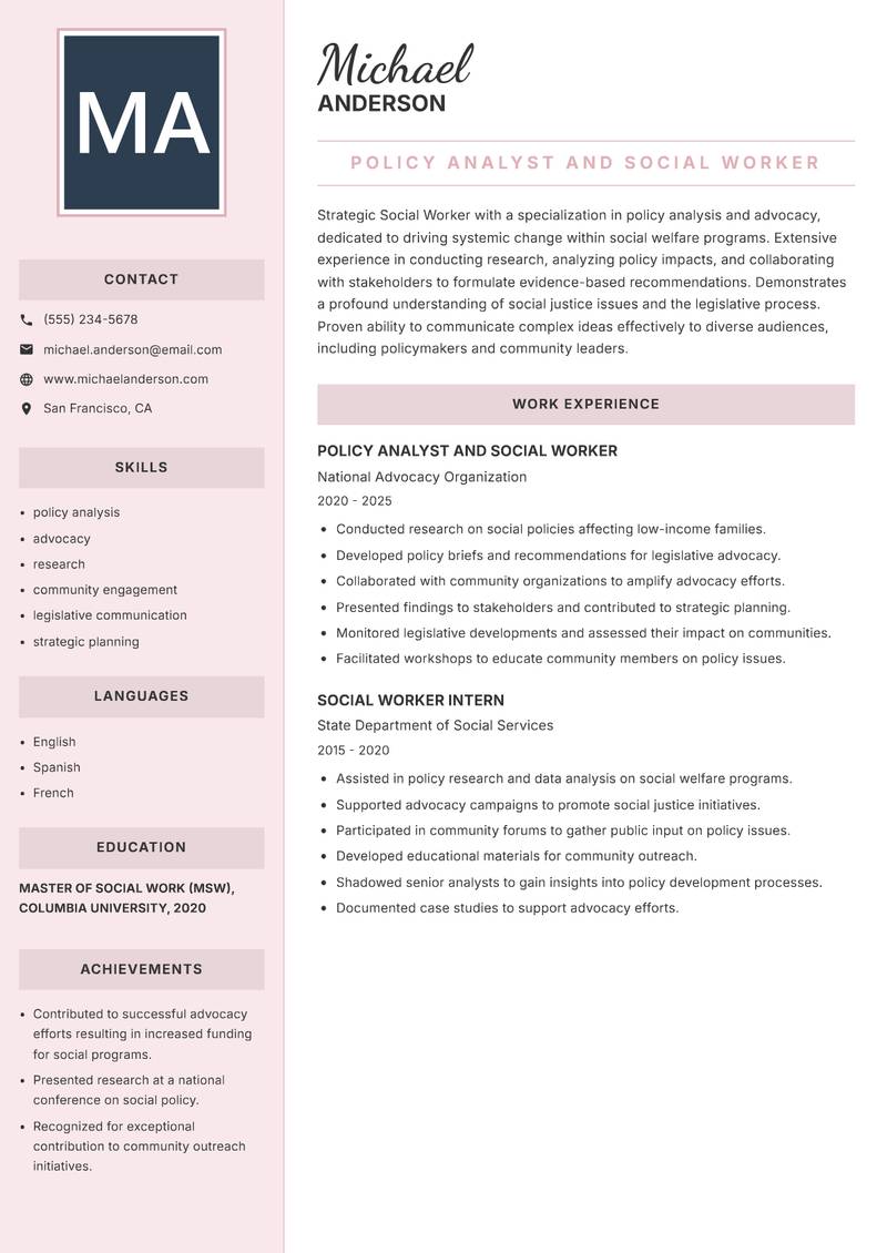 Social Worker resume sample — Policy Analyst and Social Worker focus