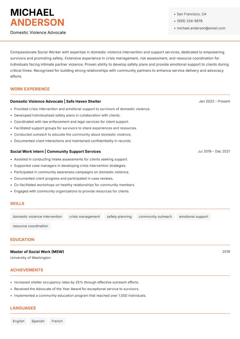 Social Worker resume sample — Domestic Violence Advocate focus