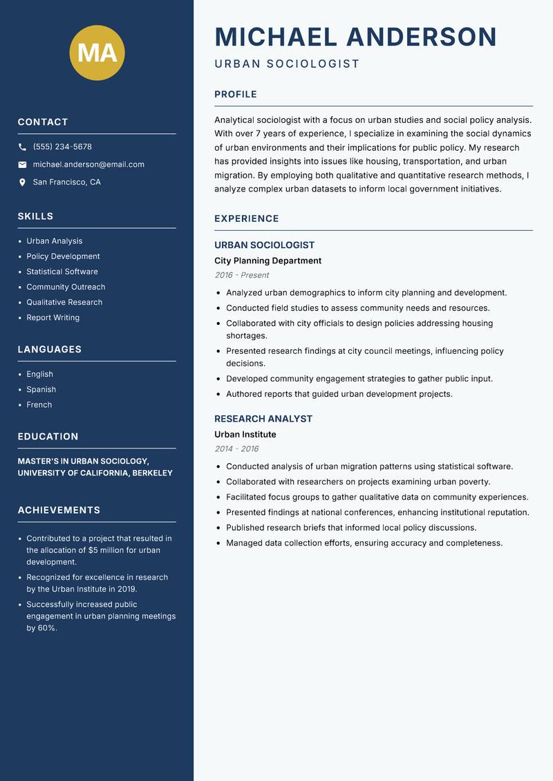 Sociologist resume sample — Urban Sociologist focus