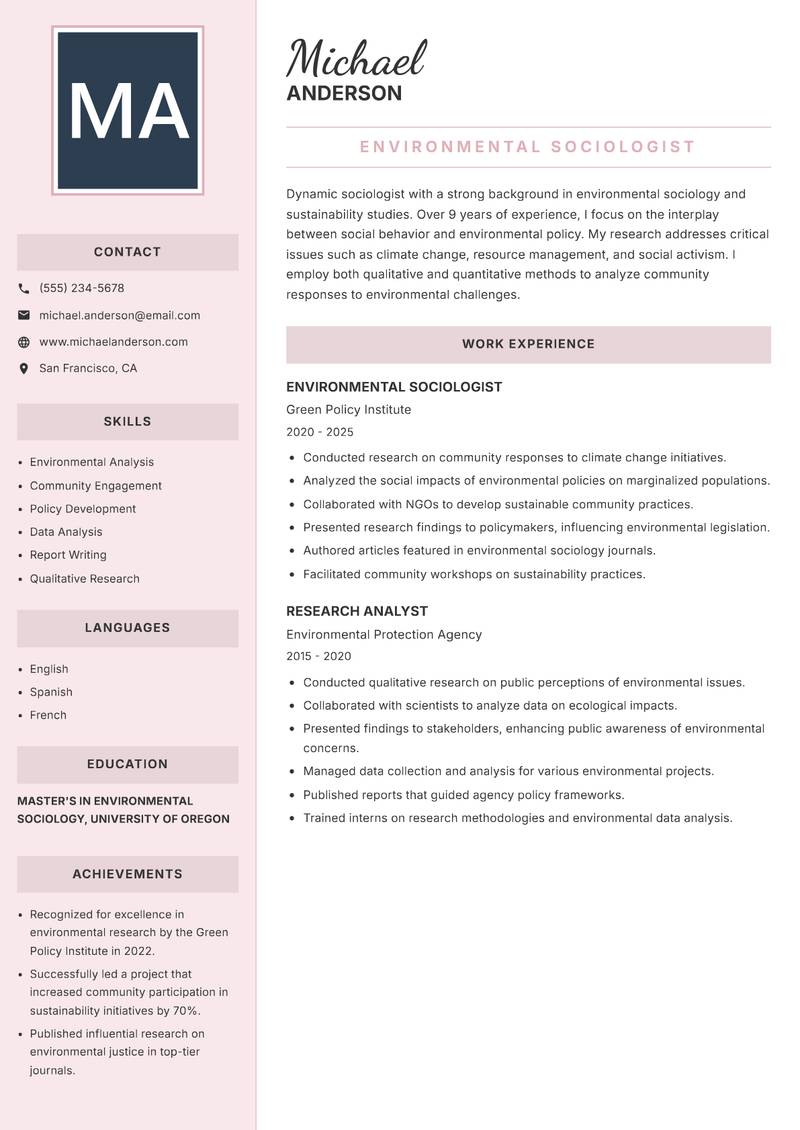 Sociologist resume sample — Environmental Sociologist focus