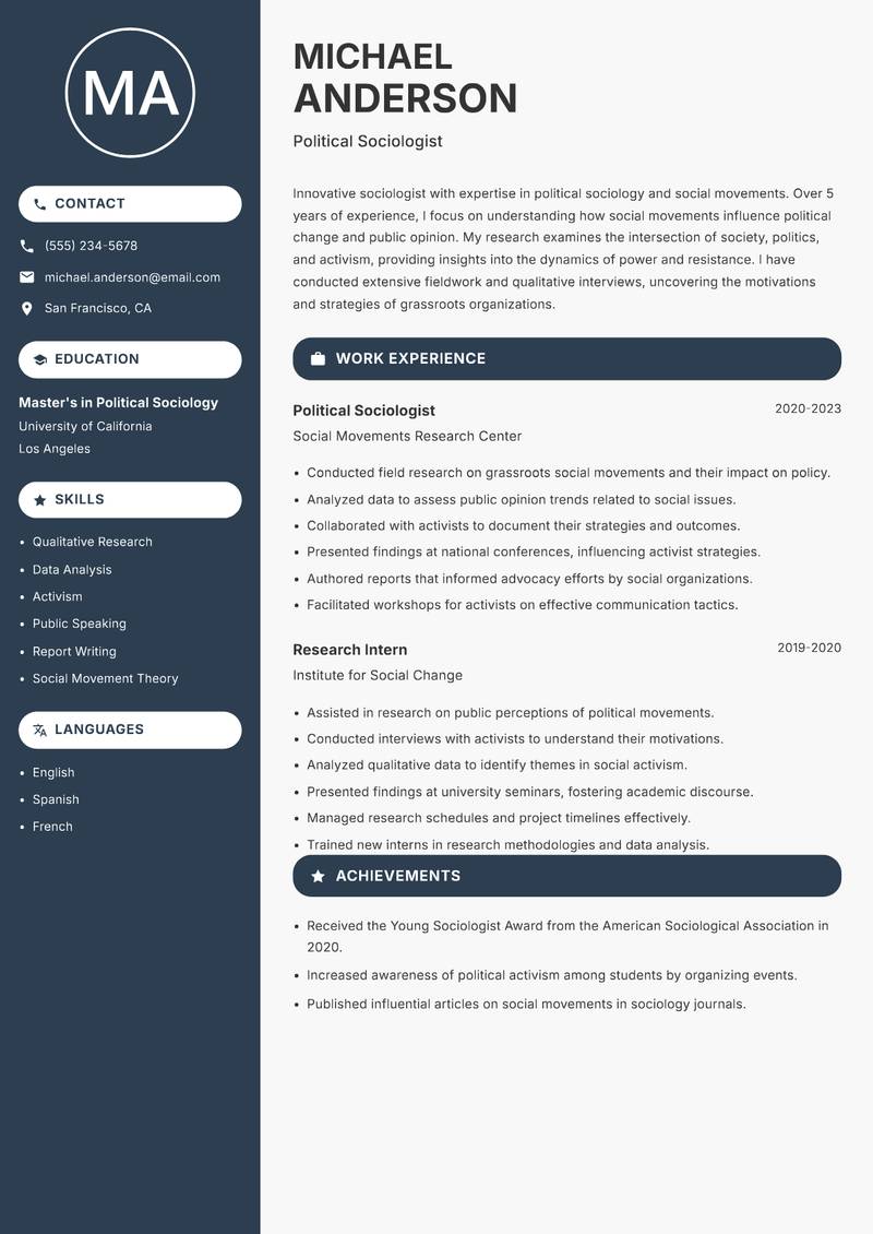 Sociologist resume sample — Political Sociologist focus