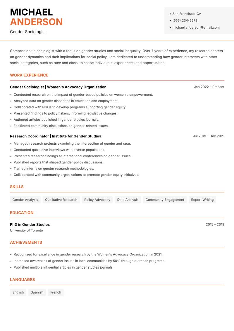 Sociologist resume sample — Gender Sociologist focus
