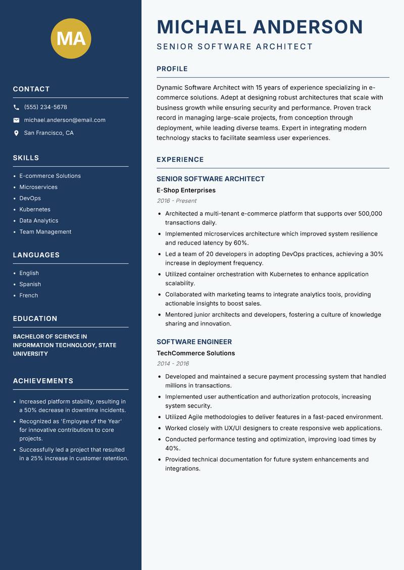 Software Architect resume sample — Senior Software Architect focus