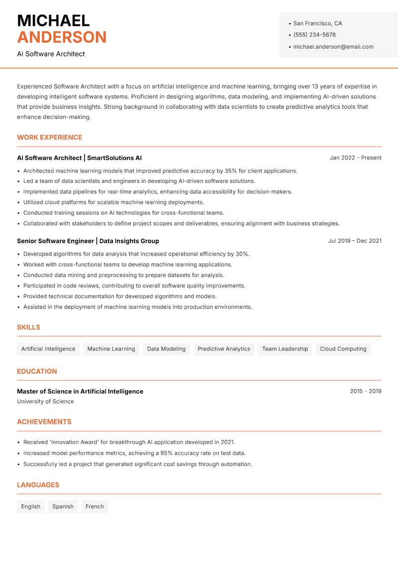 Software Architect resume sample — AI Software Architect focus