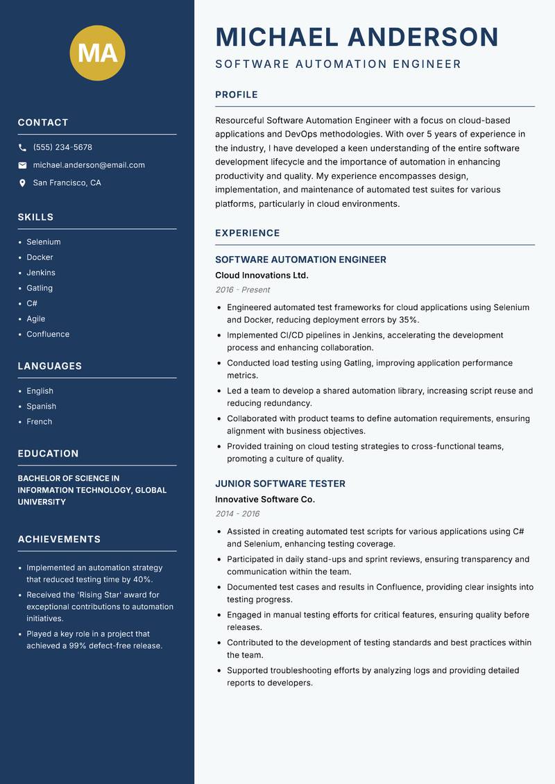 Software Automation Engineer resume sample — Software Automation Engineer focus