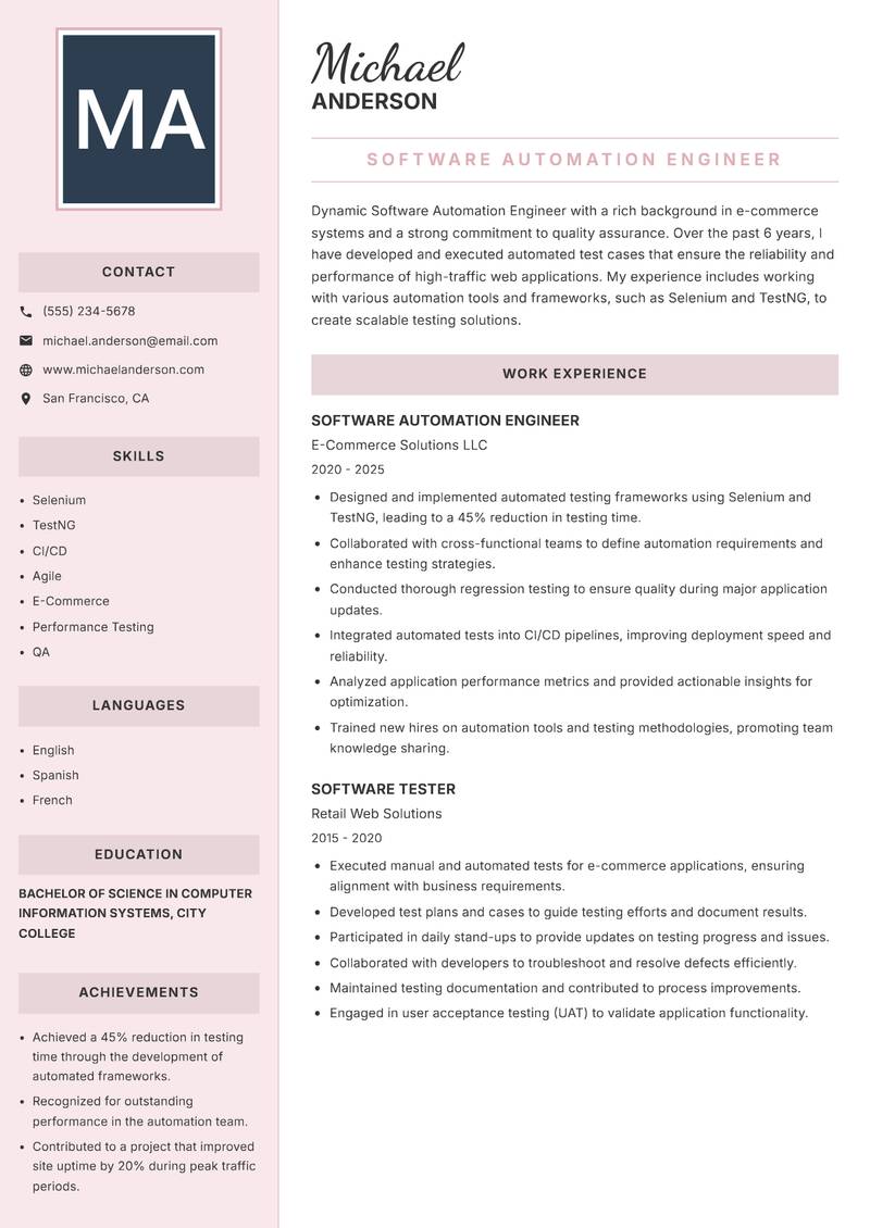 Software Automation Engineer resume sample — Software Automation Engineer focus