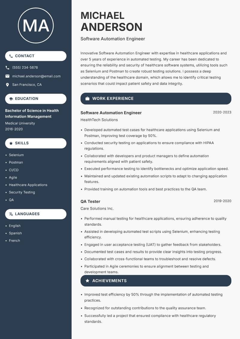 Software Automation Engineer resume sample — Software Automation Engineer focus