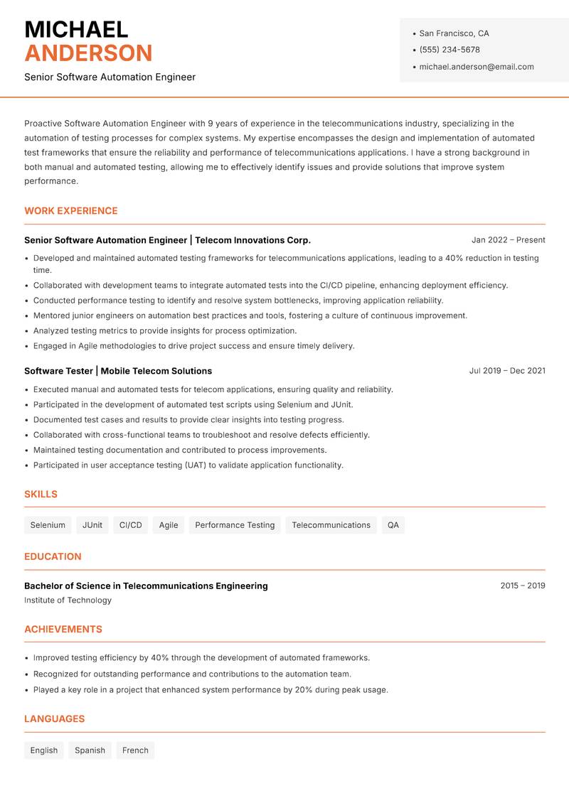 Software Automation Engineer resume sample — Senior Software Automation Engineer focus