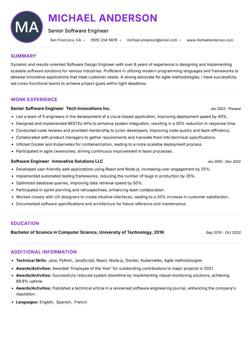 Software Design Engineer resume example