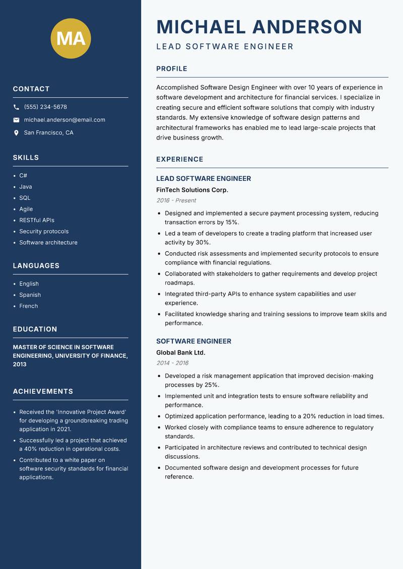 Software Design Engineer resume sample — Lead Software Engineer focus