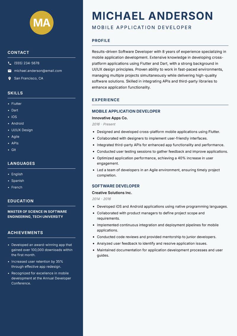 Software Developer resume sample — Mobile Application Developer focus