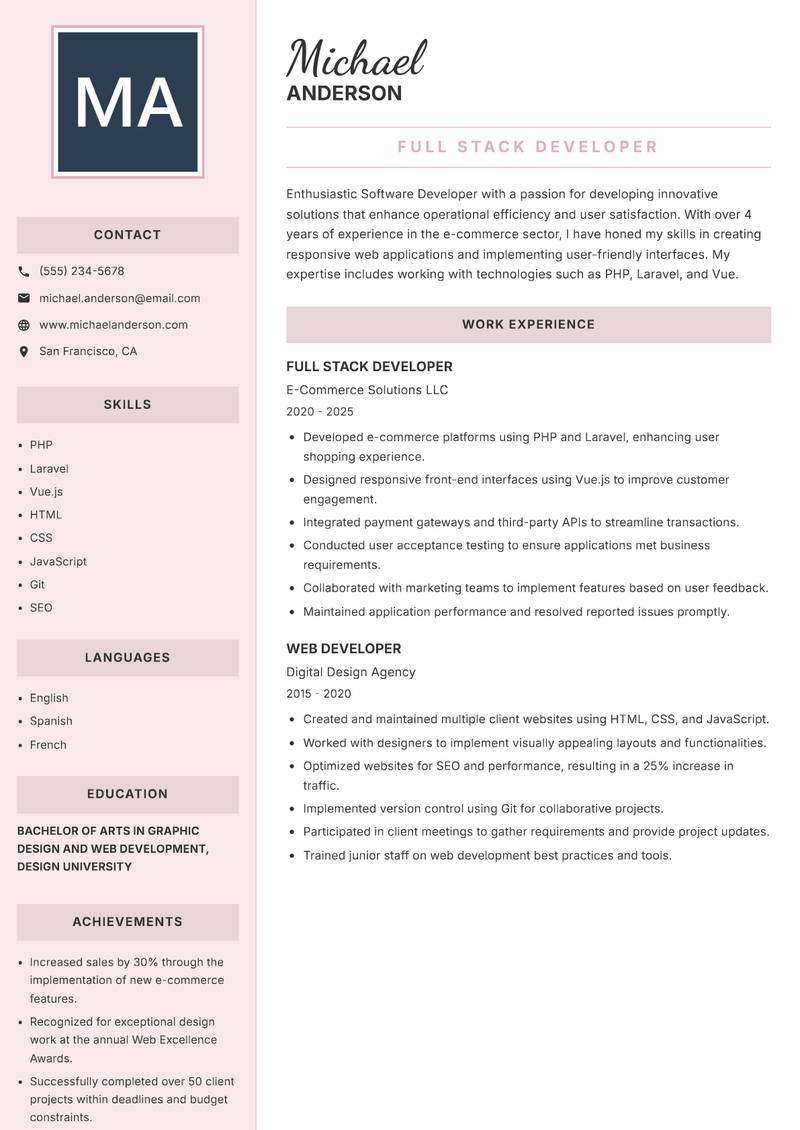 Software Developer resume sample — Full Stack Developer focus