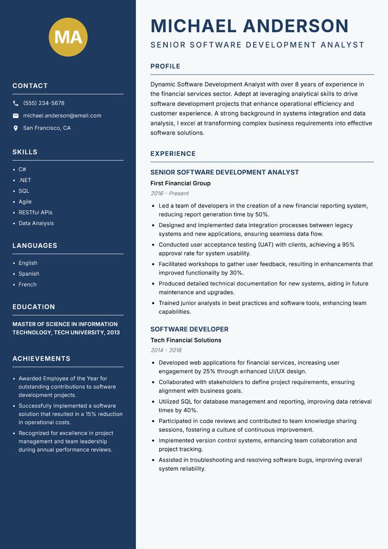Software Development Analyst resume sample — Senior Software Development Analyst focus