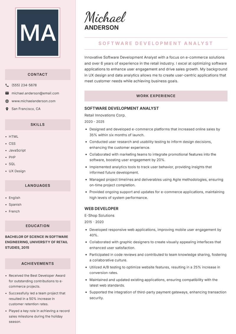 Software Development Analyst resume sample — Software Development Analyst focus