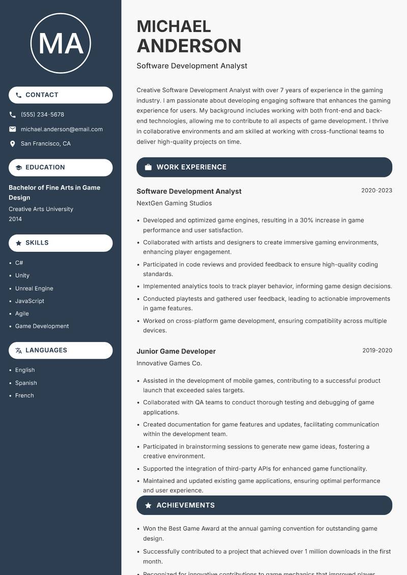 Software Development Analyst resume sample — Software Development Analyst focus