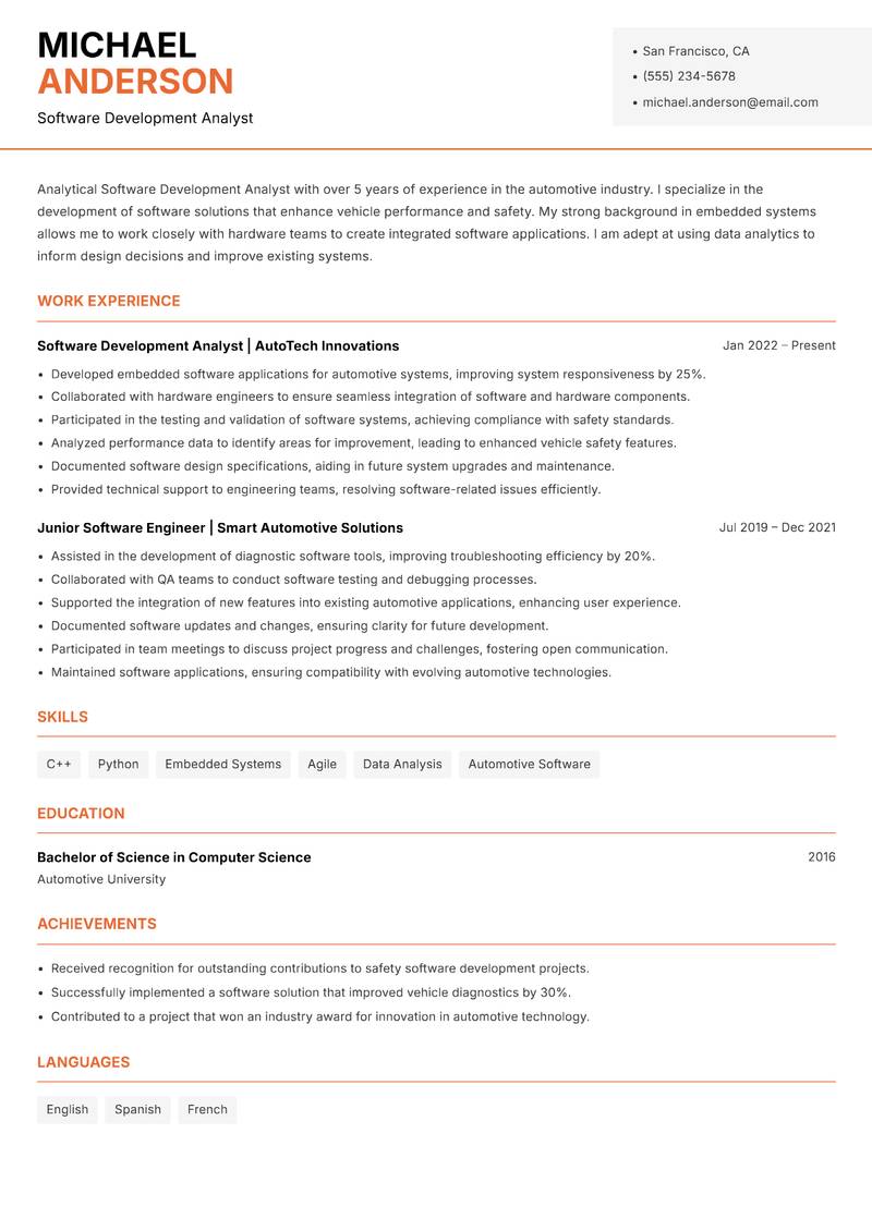 Software Development Analyst resume sample — Software Development Analyst focus