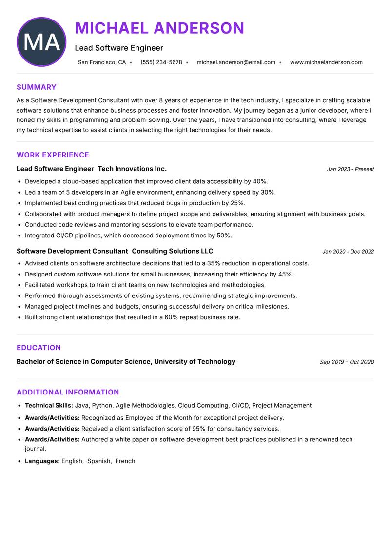 Software Development Consultant resume example