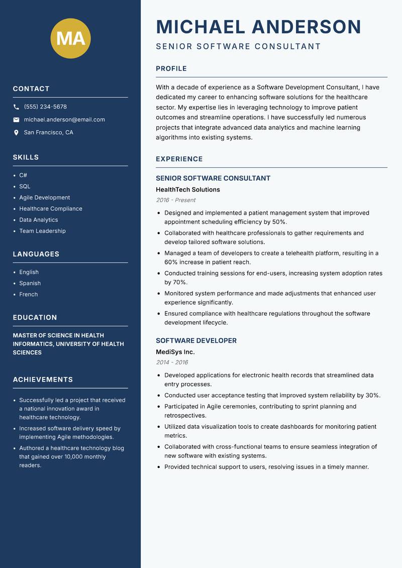 Software Development Consultant resume sample — Senior Software Consultant focus