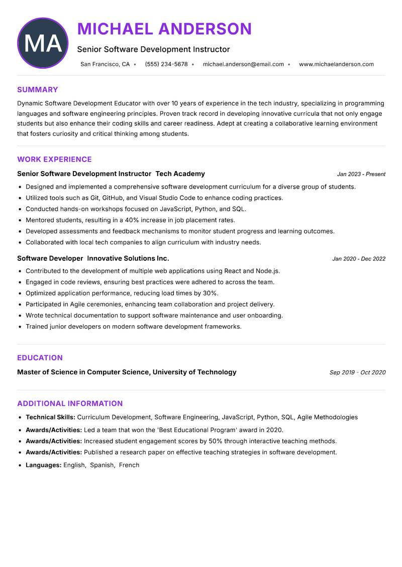 Software Development Educator resume example