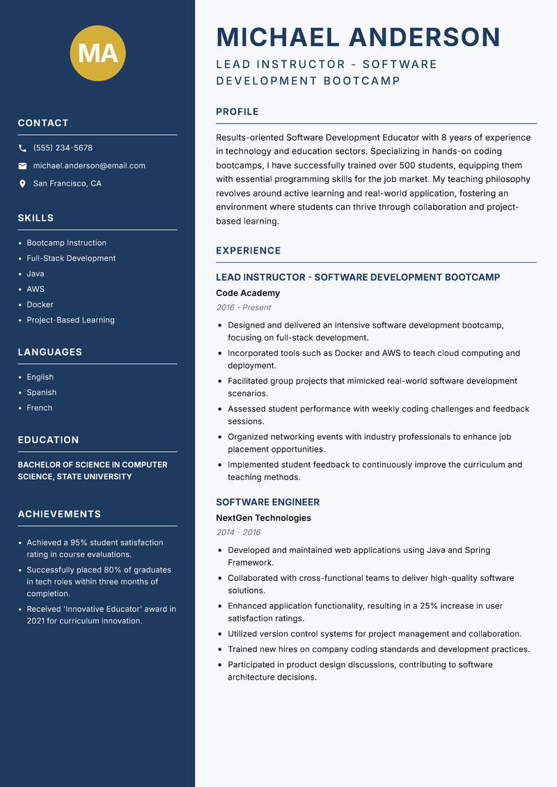 Software Development Educator resume sample — Lead Instructor - Software Development Bootcamp focus