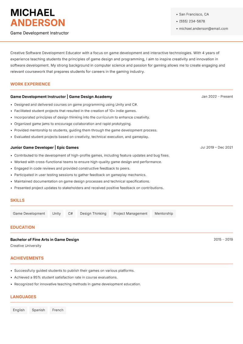 Software Development Educator resume sample — Game Development Instructor focus