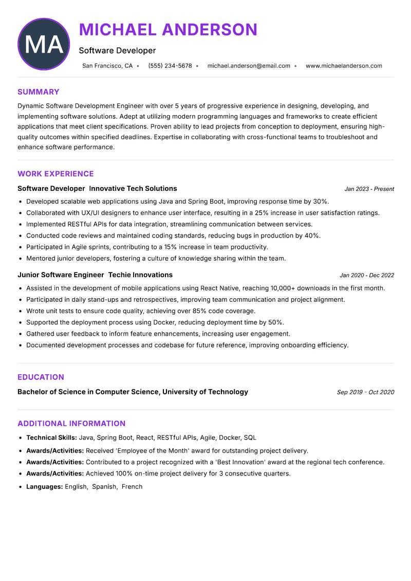 Software Development Engineer resume example