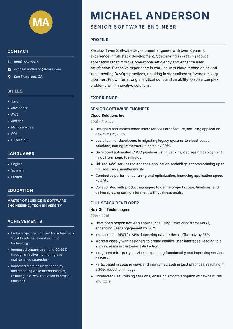 Software Development Engineer resume sample — Senior Software Engineer focus