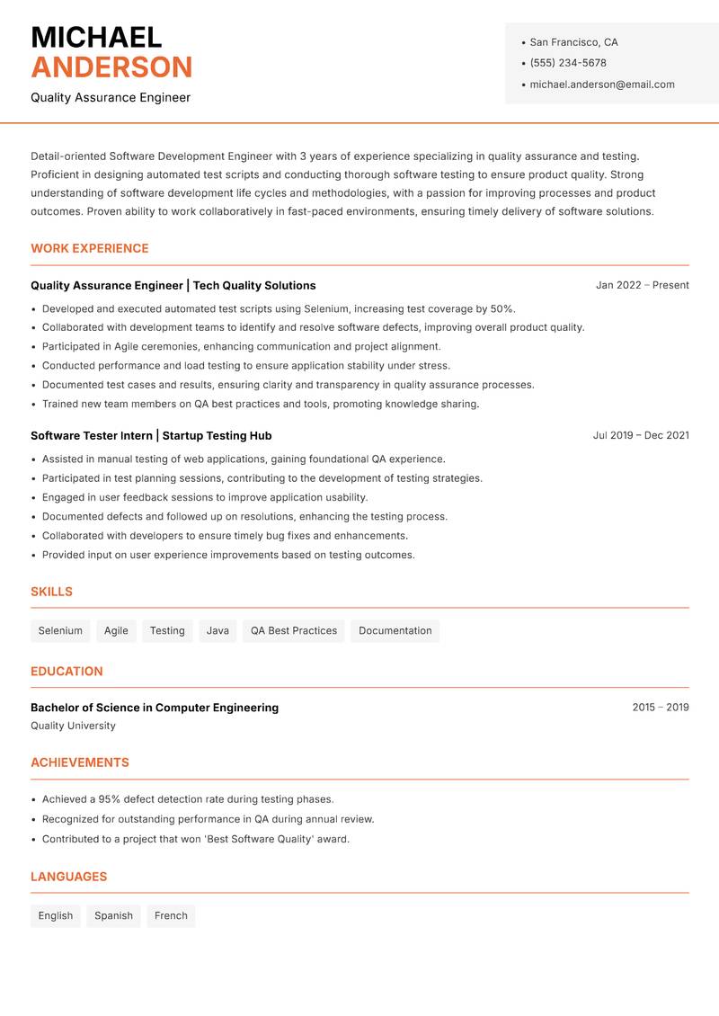 Software Development Engineer resume sample — Quality Assurance Engineer focus