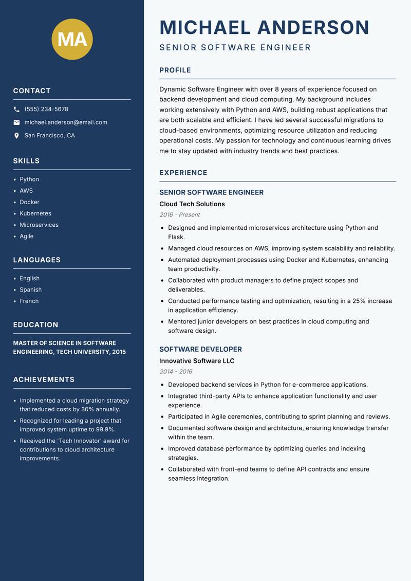 Software Engineer resume sample — Senior Software Engineer focus
