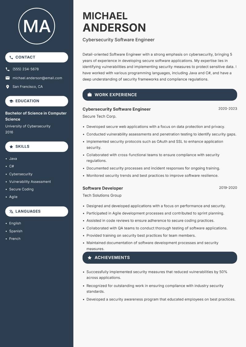 Software Engineer resume sample — Cybersecurity Software Engineer focus
